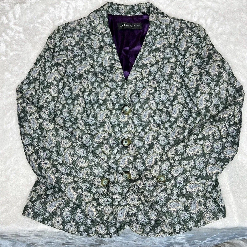 Dana Buchman Women's Green Paisley Single Breasted Blazer Jacket Size 6 - Picture 9 of 10